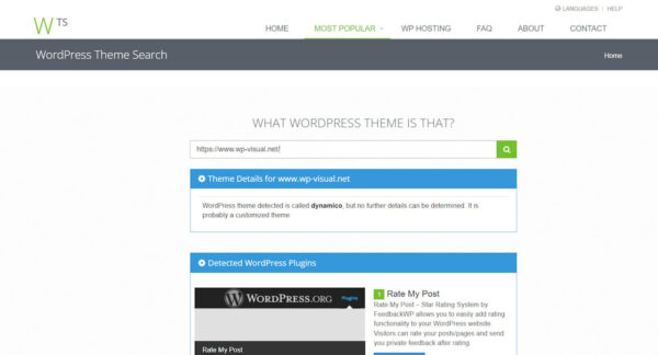 WordPress Theme herausfinden – Ergebnisse mit Online-Tool Online-Tool zur Erkennung von WordPress-Themes mit Ergebnissen für die Website wp-visual.net.