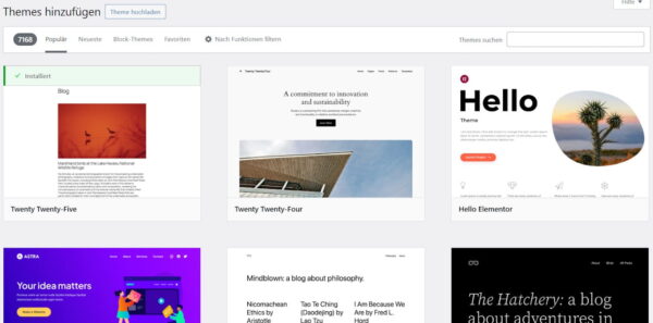 WordPress Theme herausfinden – Beliebte Themes im Überblick WordPress-Theme-Verwaltung mit beliebten Themes wie Astra und Hello Elementor.