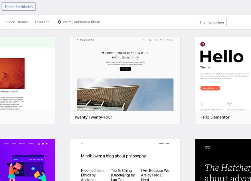 WordPress-Theme-Verwaltung mit beliebten Themes wie Astra und Hello Elementor.
