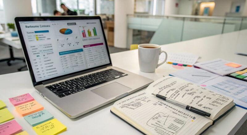 Marketing-Strategie: Laptop mit Analyse-Dashboard und Notizen zur Zielgruppenidentifikation.