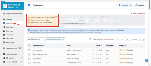 Automatisch geladene WordPress-Optionen im Advanced Database Cleaner prüfen