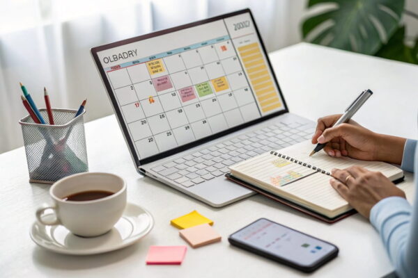 Tipps zur Planung und Umsetzung einer Blog-Strategie Schreibtisch mit Redaktionskalender, Laptop mit Content-Planungstool und Notizbuch für die Organisation einer Blog-Strategie.
