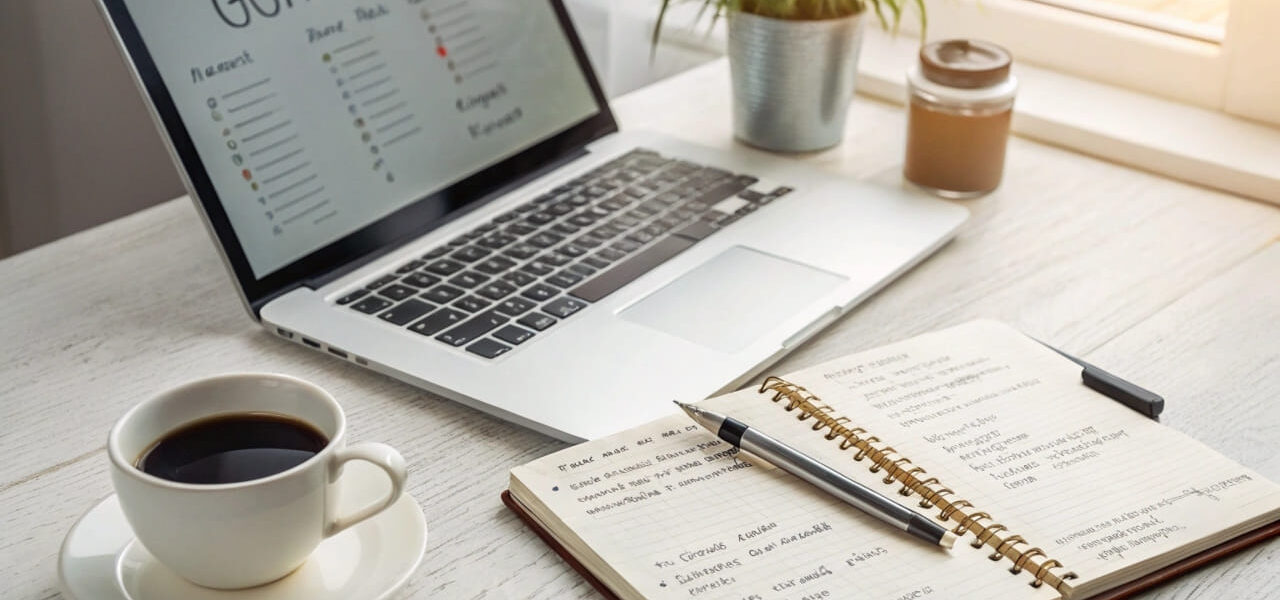 Laptop mit geöffnetem Blogpost, Notizbuch mit Blogging-Zielen und Kaffeetasse – strategische Planung für langfristigen Erfolg.