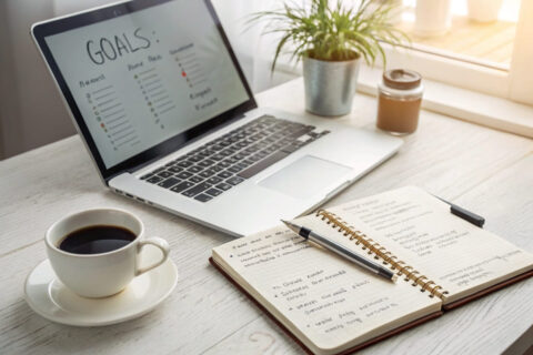 Laptop mit geöffnetem Blogpost, Notizbuch mit Blogging-Zielen und Kaffeetasse – strategische Planung für langfristigen Erfolg.