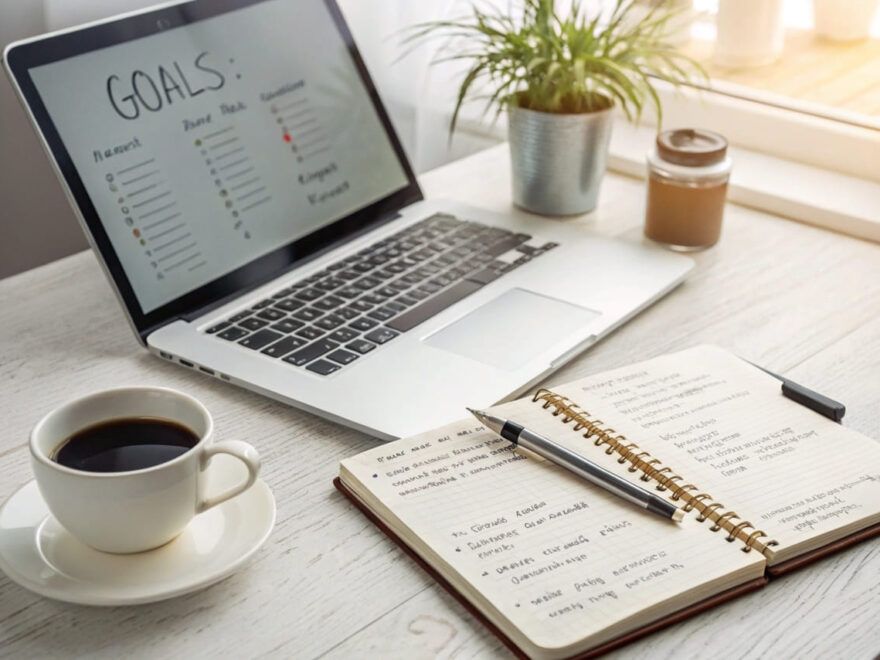 Laptop mit geöffnetem Blogpost, Notizbuch mit Blogging-Zielen und Kaffeetasse – strategische Planung für langfristigen Erfolg.