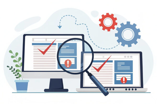 Content-Kannibalisierung – Wenn sich deine Inhalte selbst Konkurrenz machen Darstellung von Content-Kannibalisierung: Zwei konkurrierende Webseiten mit doppelten Inhalten und einer SEO-Warnung.