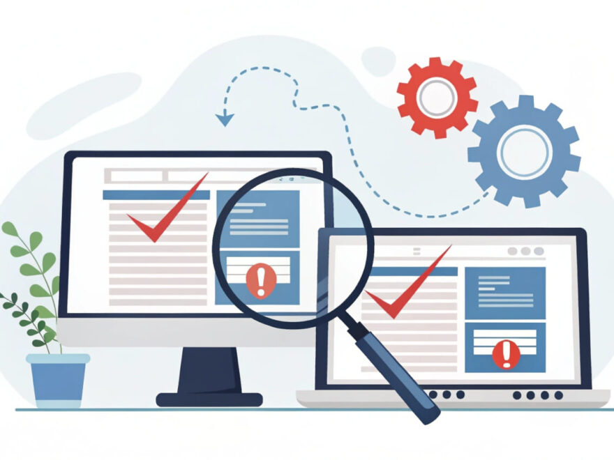 Darstellung von Content-Kannibalisierung: Zwei konkurrierende Webseiten mit doppelten Inhalten und einer SEO-Warnung.