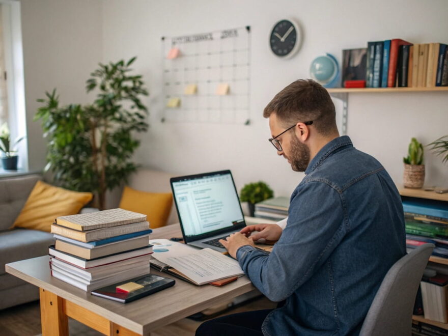 Mann arbeitet an einem Laptop mit SEO-Texten in einem modernen Homeoffice