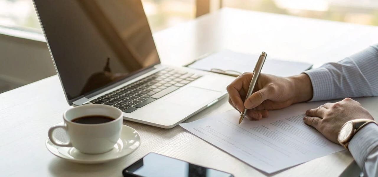 Person füllt eine Gewerbeanmeldung am Schreibtisch aus, mit Laptop und Smartphone für Affiliate-Marketing.