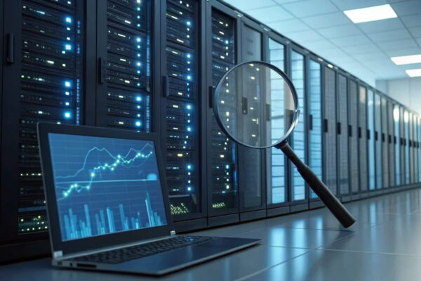 Hosting für Nischenseiten: Wichtige Anforderungen im Überblick Serverraum mit Hosting-Dashboard auf Laptop, zeigt Ladezeit, Uptime und Sicherheitsfaktoren für Nischenseiten.