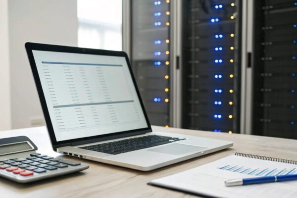 Hosting für Nischenseiten: Kosten & Skalierbarkeit richtig planen Laptop mit Hosting-Tarifen, daneben Taschenrechner, Budgetplan und Kreditkarte zur Kosten- und Skalierungsplanung für Nischenseiten.