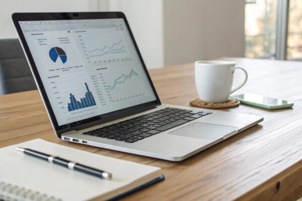 Vergleich zwischen Keyword-Domain und Branding-Domain auf einem Laptop-Bildschirm, mit SEO-Analyse und Markenstrategie.