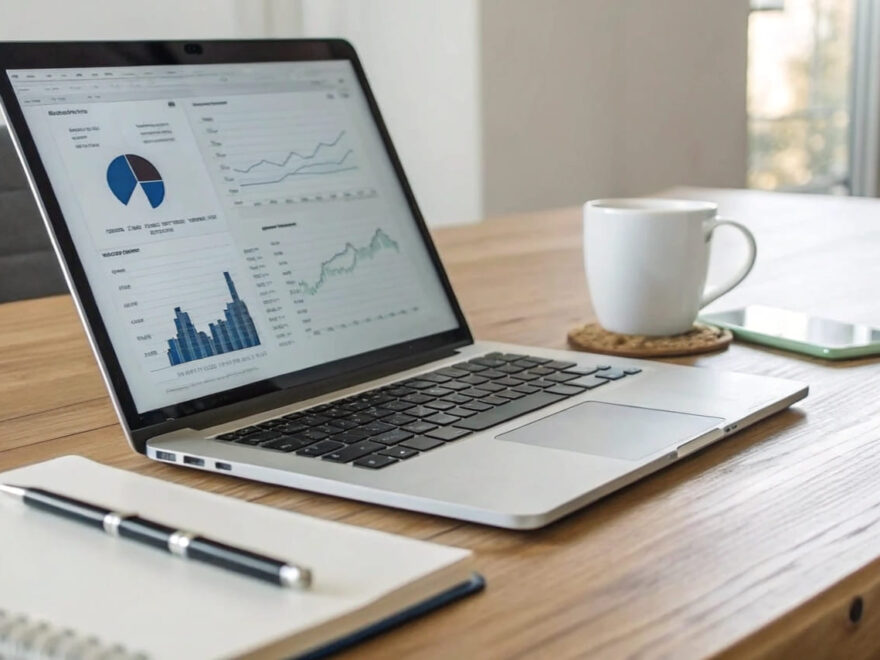 Vergleich zwischen Keyword-Domain und Branding-Domain auf einem Laptop-Bildschirm, mit SEO-Analyse und Markenstrategie.
