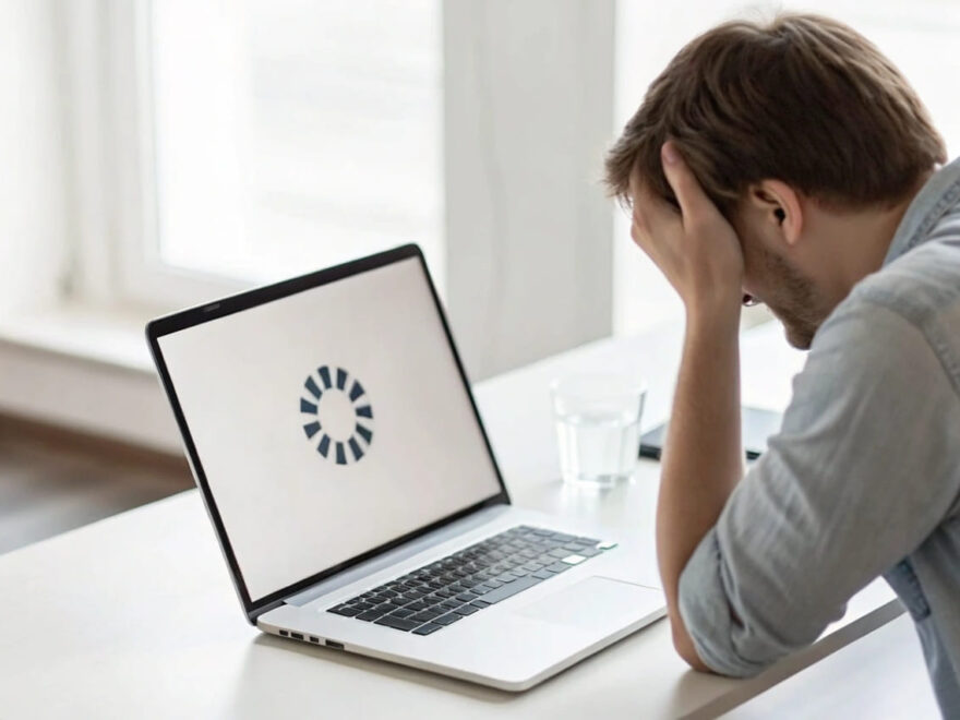 Frustrierter Nutzer vor Laptop mit langsamen Ladezeiten einer Website.