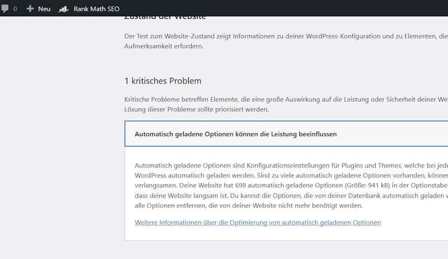Hinweis im Website-Zustand von WordPress: Automatisch geladene Optionen können die Leistung beeinträchtigen.