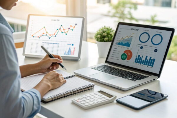 Tools und Methoden für eine erfolgreiche Nischen-Validation Laptop mit SEO- und Marktanalyse-Tools zur Nischen-Validation, ergänzt durch Trendgrafiken und Notizen.