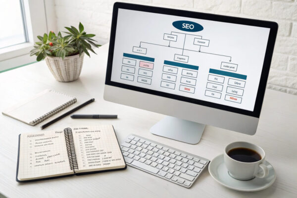 Siloing-Tools und Best Practices für SEO-Struktur SEO-Tool zeigt die technische Umsetzung von Siloing mit strukturierten Kategorien und internen Verlinkungen auf einem Computerbildschirm.