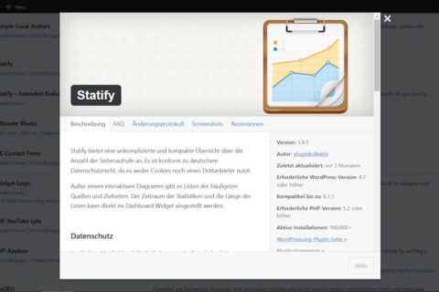 Statify Plugin im WordPress-Dashboard mit Übersicht der Funktionen und Datenschutzinformationen.