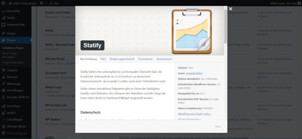 Statify: Plugin zur DSGVO-konformen Analyse von WordPress-Seitenaufrufen Statify Plugin im WordPress-Dashboard mit Übersicht der Funktionen und Datenschutzinformationen.