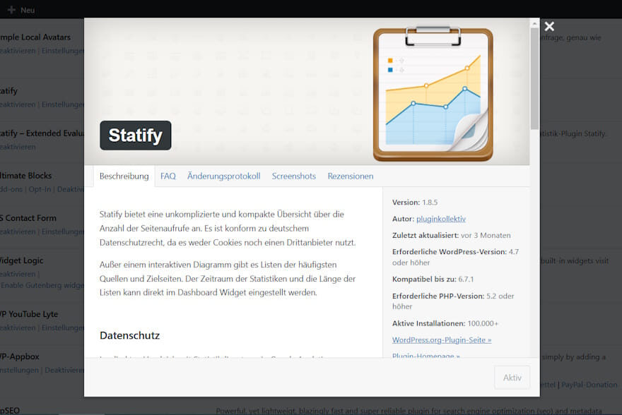 Statify Plugin im WordPress-Dashboard mit Übersicht der Funktionen und Datenschutzinformationen.