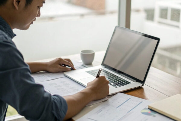 Welche Strategie passt zu dir? Entscheidungsfaktoren im Überblick Person analysiert die Wahl zwischen Micro-Nische und Macro-Nische auf einem Laptop, strategische Entscheidung am Schreibtisch