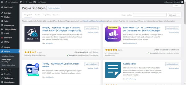 WordPress-Plugins für Nischenseiten – Plugin-Verwaltung im Überblick Screenshot der WordPress-Plugin-Verwaltung mit vorgestellten Erweiterungen wie Rank Math SEO, Imagify und Termly. Relevante WordPress-Plugins für Nischenseiten.