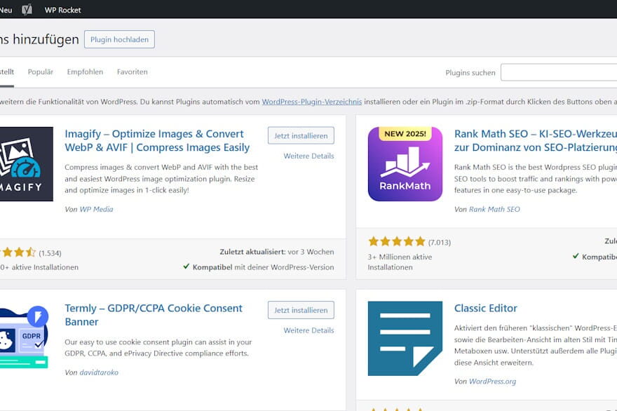 Screenshot der WordPress-Plugin-Verwaltung mit vorgestellten Erweiterungen wie Rank Math SEO, Imagify und Termly. Relevante WordPress-Plugins für Nischenseiten.