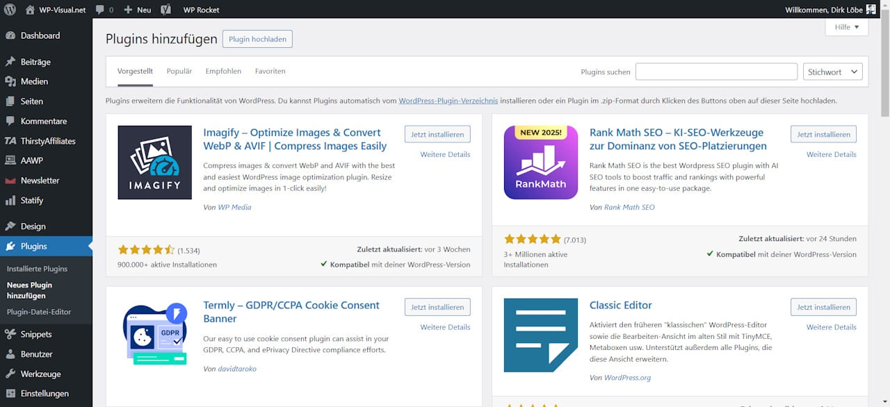 Screenshot der WordPress-Plugin-Verwaltung mit vorgestellten Erweiterungen wie Rank Math SEO, Imagify und Termly. Relevante WordPress-Plugins für Nischenseiten.