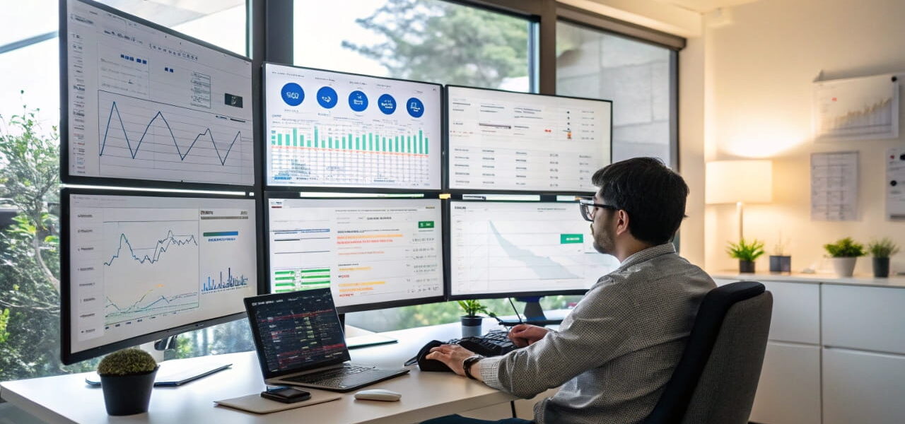 Moderne Arbeitsumgebung mit automatisierten Prozessen für Nischenseiten, gezeigt auf mehreren Monitoren mit SEO-Analysen und Content-Management-Tools.