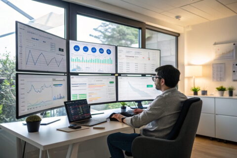 Moderne Arbeitsumgebung mit automatisierten Prozessen für Nischenseiten, gezeigt auf mehreren Monitoren mit SEO-Analysen und Content-Management-Tools.