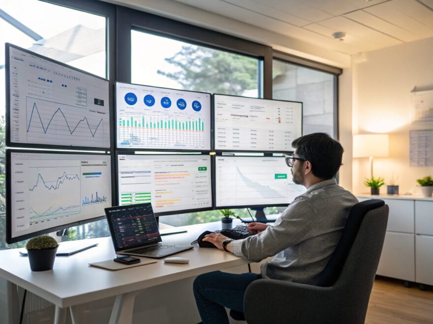 Moderne Arbeitsumgebung mit automatisierten Prozessen für Nischenseiten, gezeigt auf mehreren Monitoren mit SEO-Analysen und Content-Management-Tools.