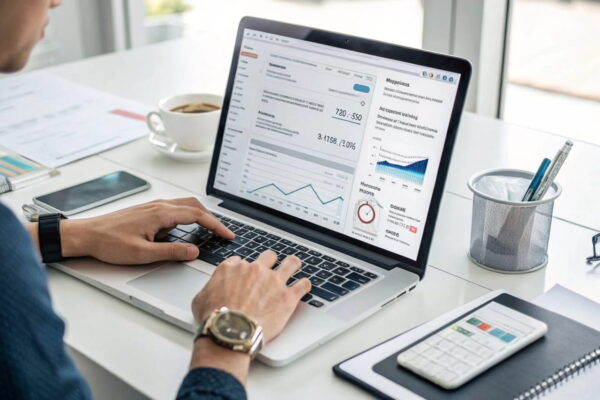 Laptop mit E-Mail-Outreach-Tool für Backlink-Aufbau, daneben ein Bildschirm mit SEO-Analysen und Linkbuilding-Strategien in einer modernen Arbeitsumgebung.