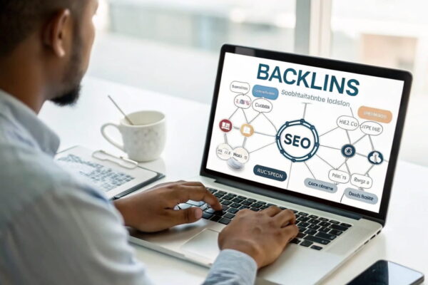 Backlinks und Autorität: Wie du deine Nischenseite stärkst SEO-Experte analysiert Backlinks und Autorität einer Nischenseite auf einem Laptop.