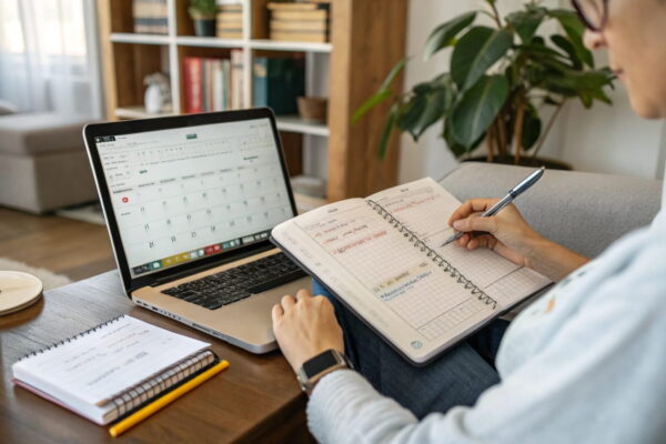 Content-Planung für Mitgliederbereich mit Laptop und Notizen