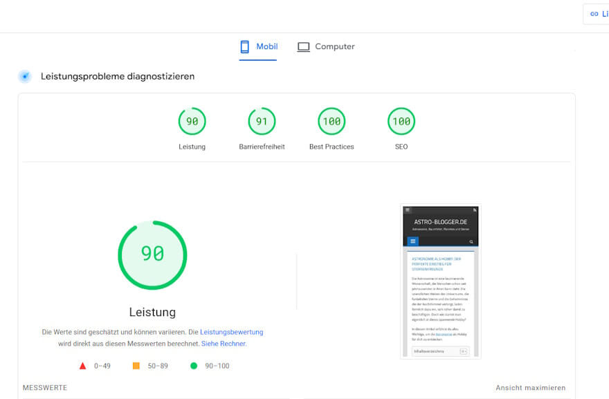 Core Web Vitals Messung mit Google PageSpeed Insights – Leistungsergebnis 90 für mobile Ansicht.