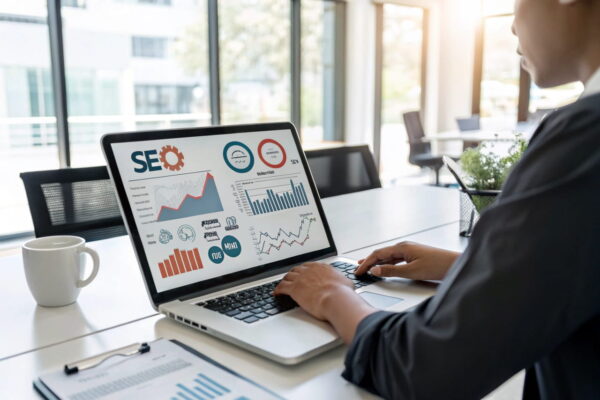 Person nutzt KI für SEO-Optimierung mit Datenanalyse am PC