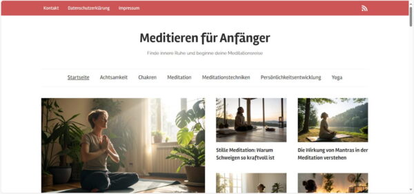 Meditieren für Anfänger – Finde innere Ruhe und starte deine Meditationsreise Startseite der Website „Meditieren für Anfänger“ mit Kategorien zu Achtsamkeit, Meditationstechniken und Persönlichkeitsentwicklung.