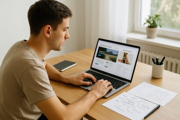 Nischenseiten als Business professionell starten und betreiben Nischenseiten als Business: Person arbeitet am Laptop mit Website-Planung