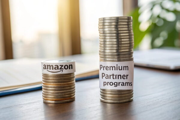 Vergleich der Provisionen von Amazon und Premium-Partnerprogrammen als Münzstapel