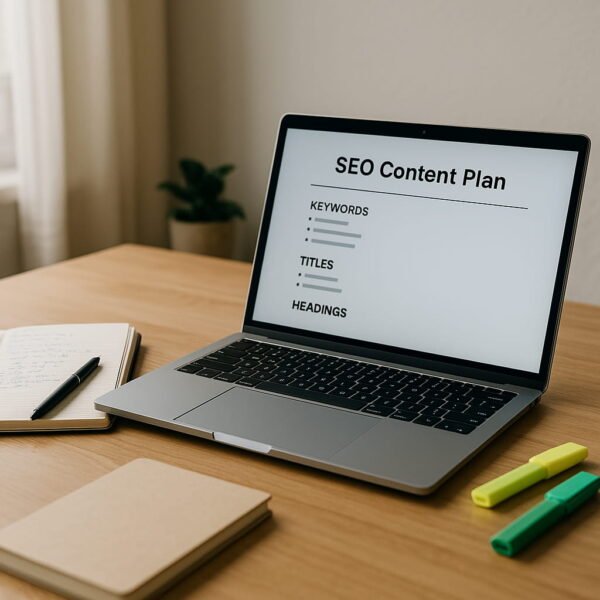 SEO-optimierte Inhalte mit Plan erfolgreich umsetzen SEO-Content-Plan auf Laptop mit Notizen und Arbeitsmaterialien