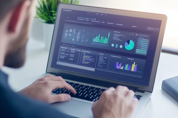 SEO und Nutzererfahrung 2025 – Ein Nutzer navigiert intuitiv durch eine optimierte, schnell ladende Website auf einem Laptop.