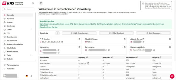 All-Inkl KAS Verwaltungspanel für WordPress Hosting Screenshot des All-Inkl KAS Verwaltungspanels für WordPress Hosting mit Domains, Datenbanken, SSL und Serverressourcen