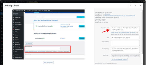 Alt-Text im WordPress-Mediathek-Dialog eintragen und verwalten WordPress-Mediathek zeigt Alt-Text-Feld mit Beispiel und Beschreibung