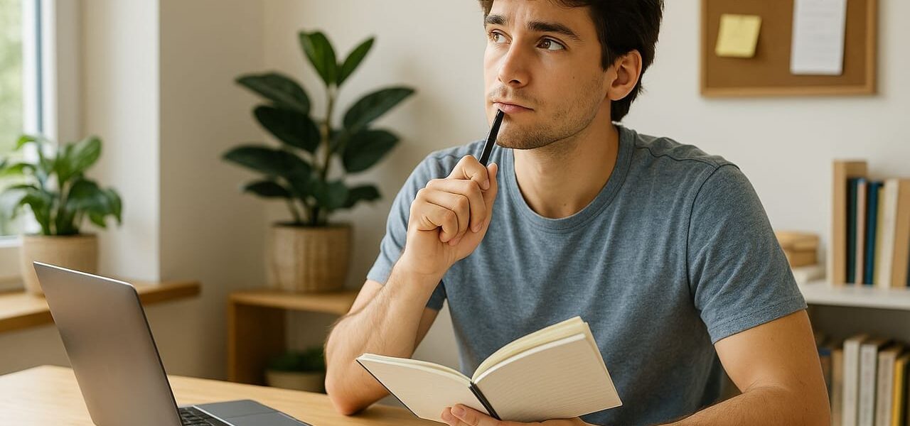 Person beim Nachdenken über eine Blog-Idee – Planung für erfolgreichen Start eines eigenen Blogs
