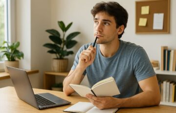 Person beim Nachdenken über eine Blog-Idee – Planung für erfolgreichen Start eines eigenen Blogs