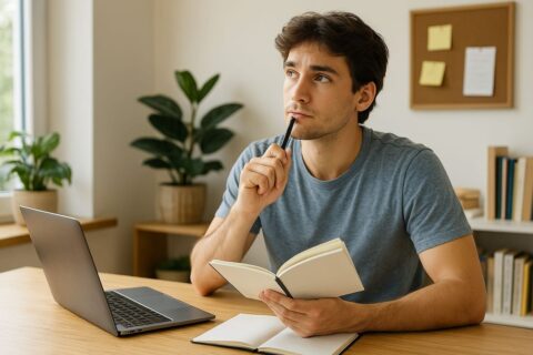 Person beim Nachdenken über eine Blog-Idee – Planung für erfolgreichen Start eines eigenen Blogs