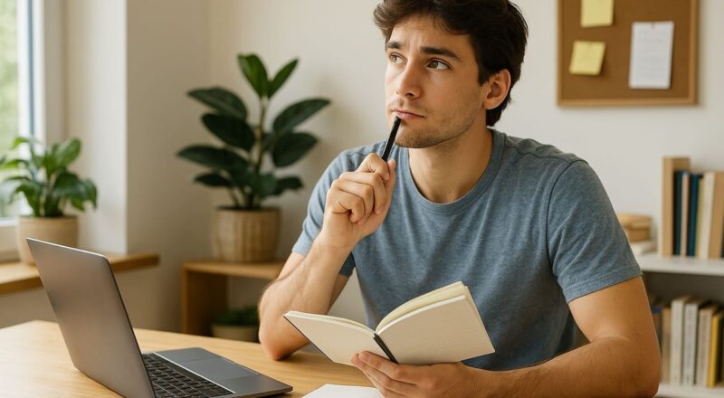 Person beim Nachdenken über eine Blog-Idee – Planung für erfolgreichen Start eines eigenen Blogs