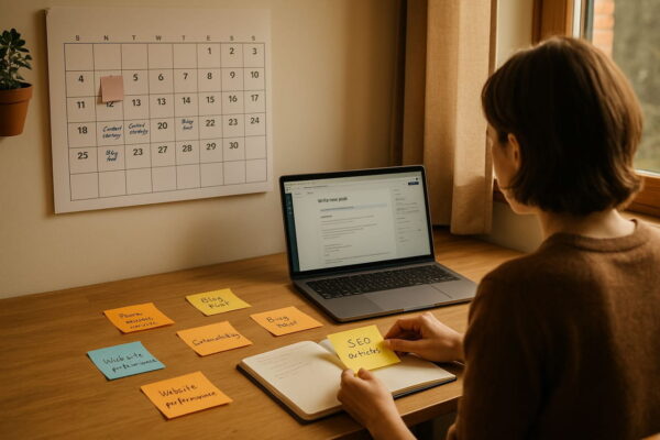 Langfristige Blog-Planung: Nachhaltige Themenideen entwickeln Person plant langfristige Blog-Inhalte mit Kalender, Laptop und Notizzetteln – Fokus auf nachhaltige Themenideen