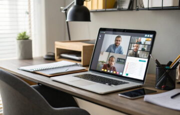 Arbeitsplatz mit Laptop, der Beratung und digitale Produkte nebeneinander zeigt – symbolisch für Dienstleistungen für Nischenseiten