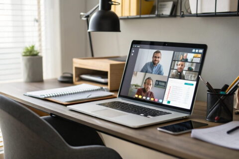 Arbeitsplatz mit Laptop, der Beratung und digitale Produkte nebeneinander zeigt – symbolisch für Dienstleistungen für Nischenseiten
